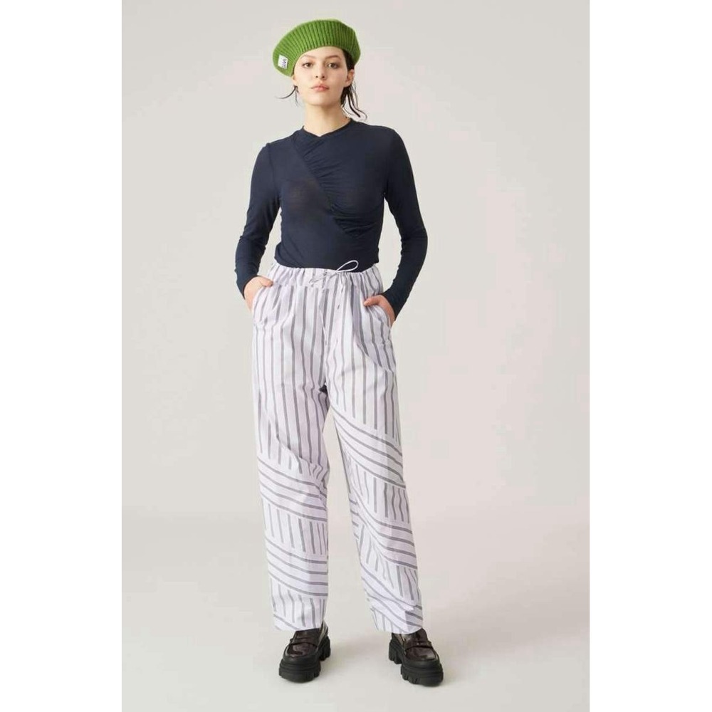 GANNI Purple Deconstructed Striped Cotton Poplin Organic Cotton Pants Size 40